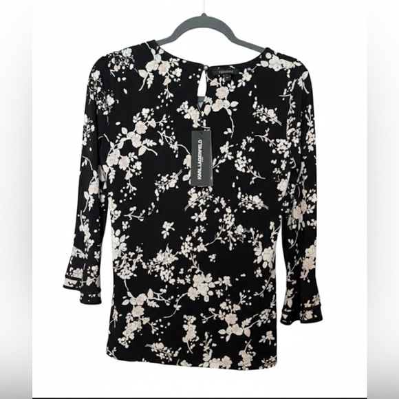 Karl Lagerfeld Paris Tops - Karl Lagerfeld Paris Women’s Black & Pink Floral 3/4 Ruffle Sleeve Top | XS